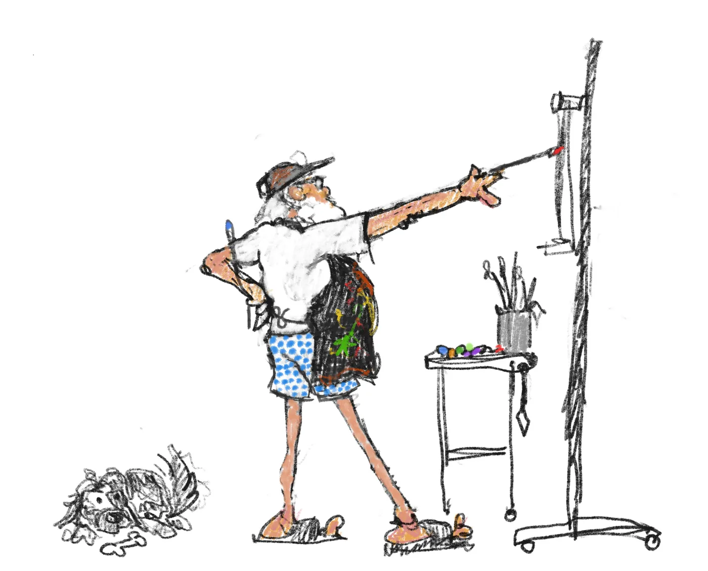 Cartoon of the artist in a cap, white T-shirt, paint-splattered apron, polka-dot boxers and slippers, reaching a long brush out to a tall easel with one hand on his hip, while a shaggy dog naps beside a bone.